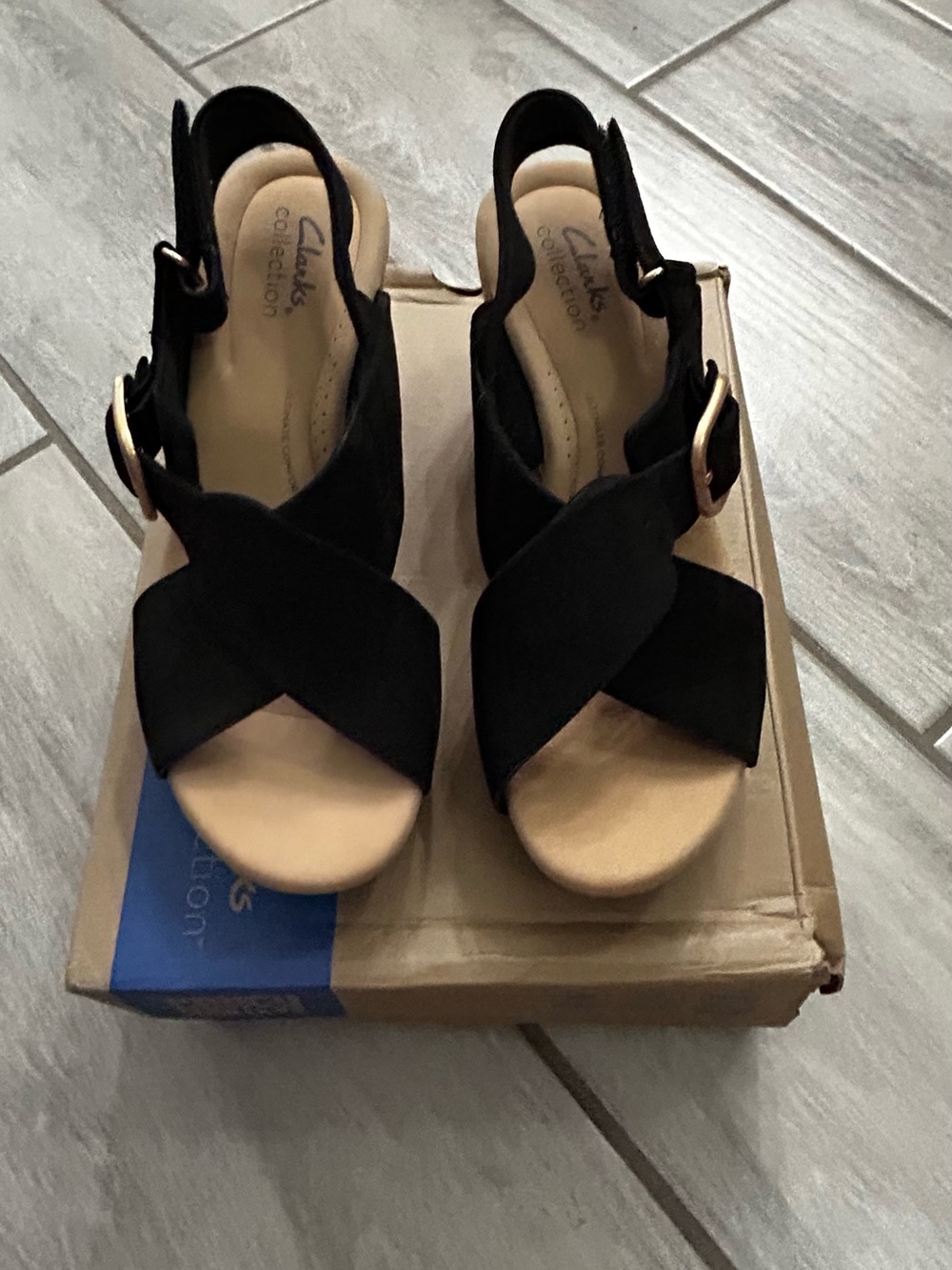 NIB Clarks Black Crisscross Slingback Wedge Sandals